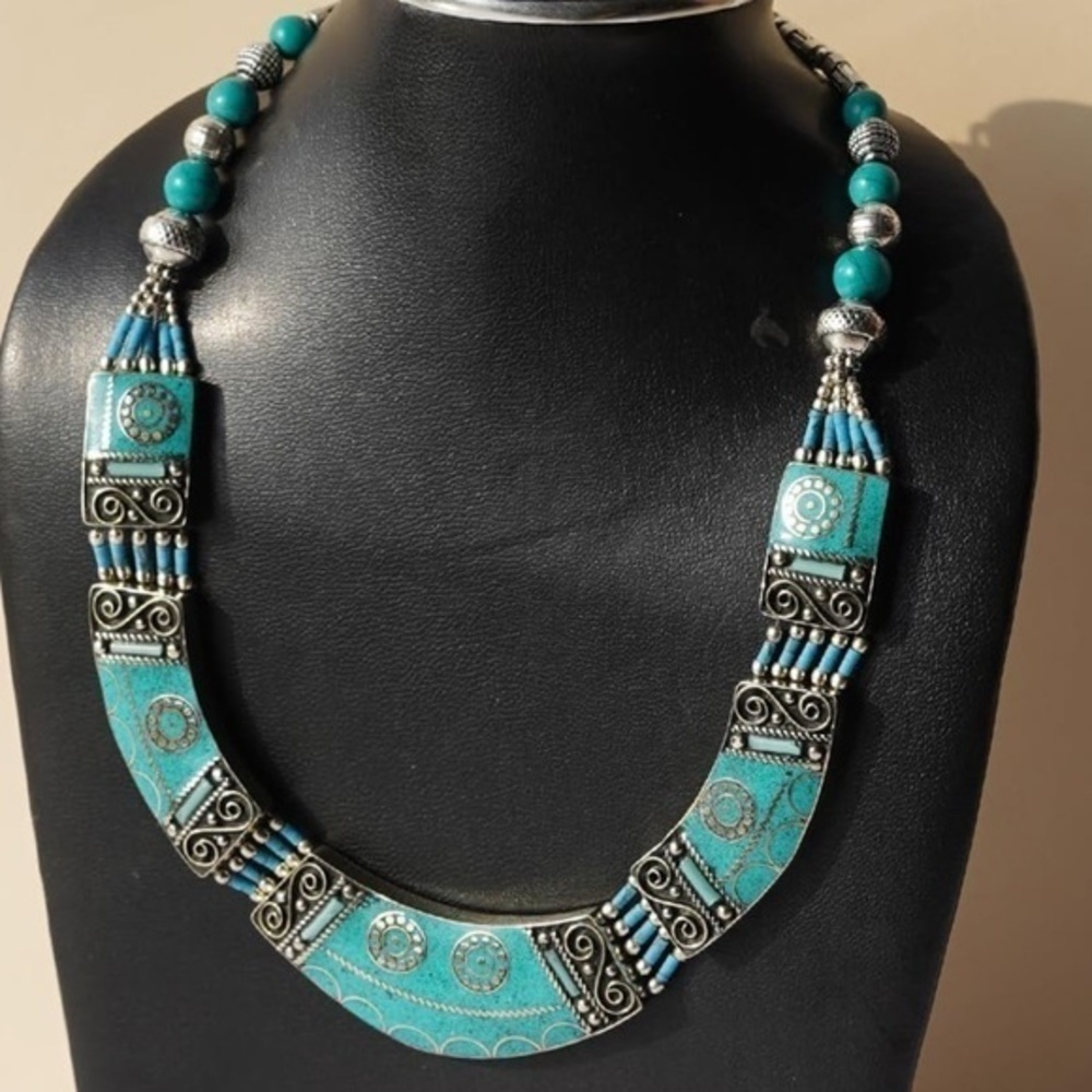 Turquoise and silver plated beaded artisan handmade Tibetan necklace